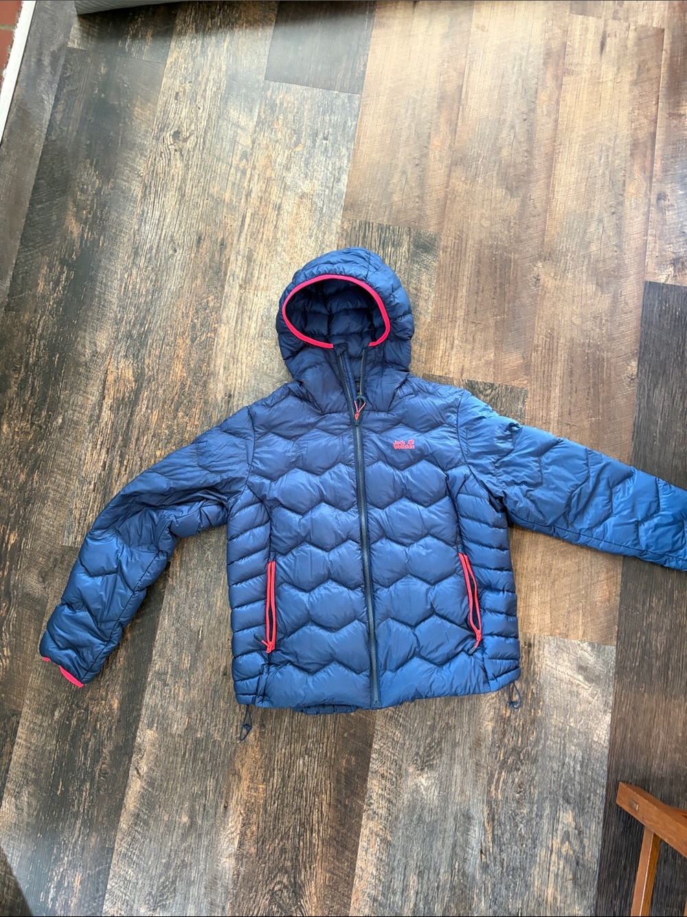 Jack Wolfskin Deep Blue Hooded Puffer with Pink Trim